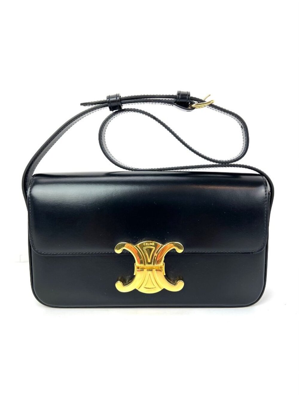 Celine Shiny Calfskin Triomphe Black Shoulder Bag